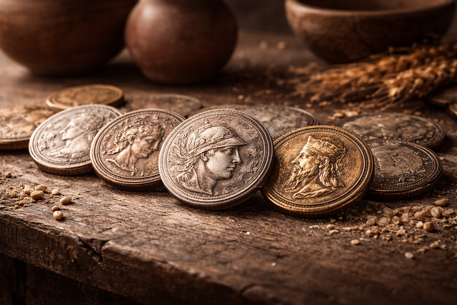 A collection of ancient coins from different cultures representing the history of everyday money