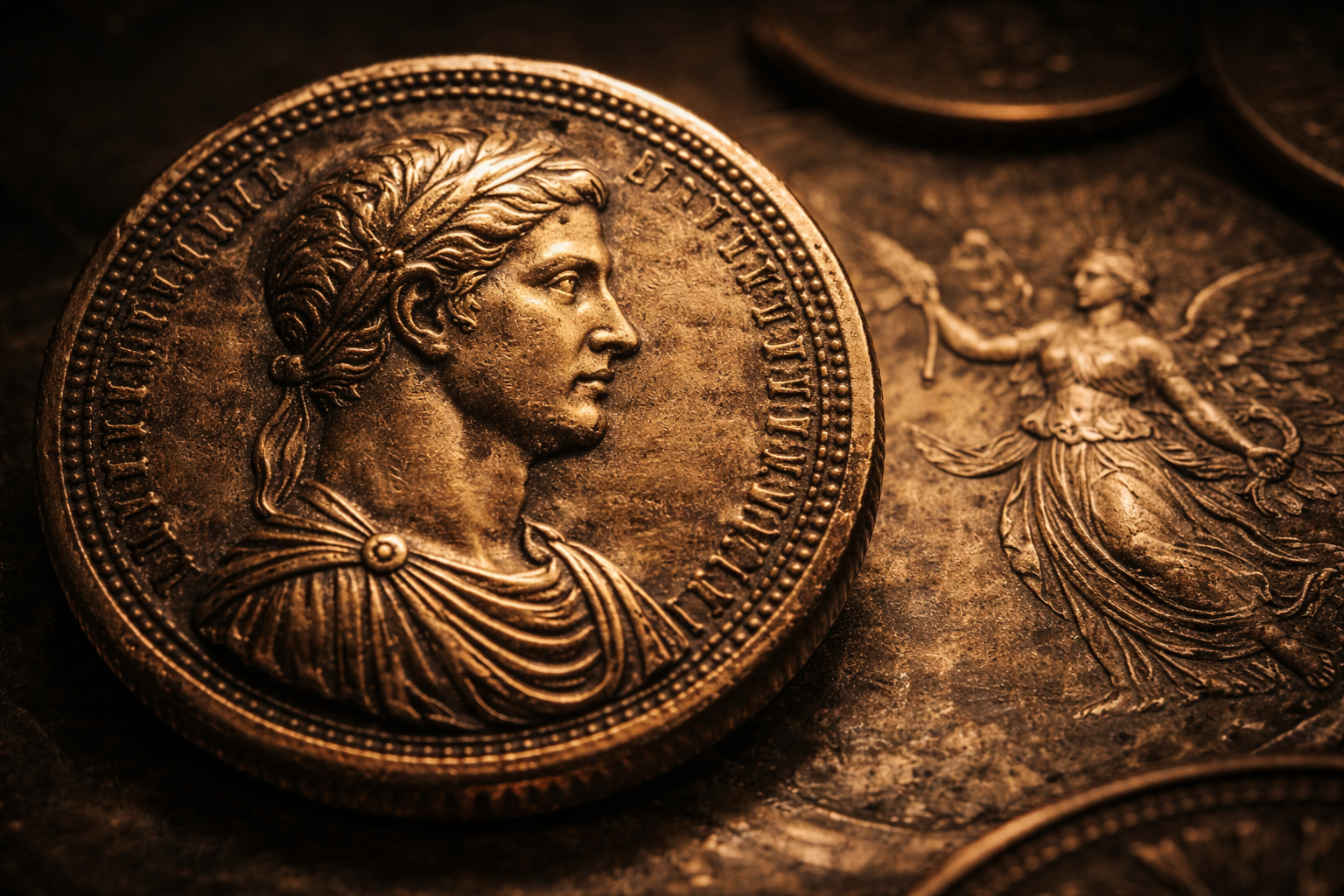 Ancient coin design showing ruler portrait and symbolic messaging