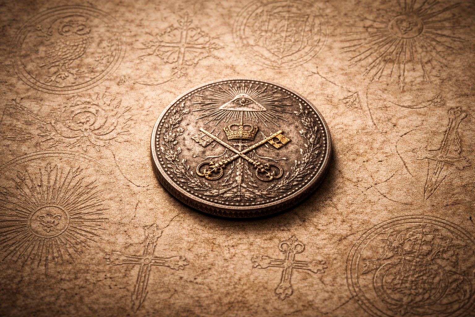 Ancient coin surrounded by symbolic engravings representing decisions behind coin designs.