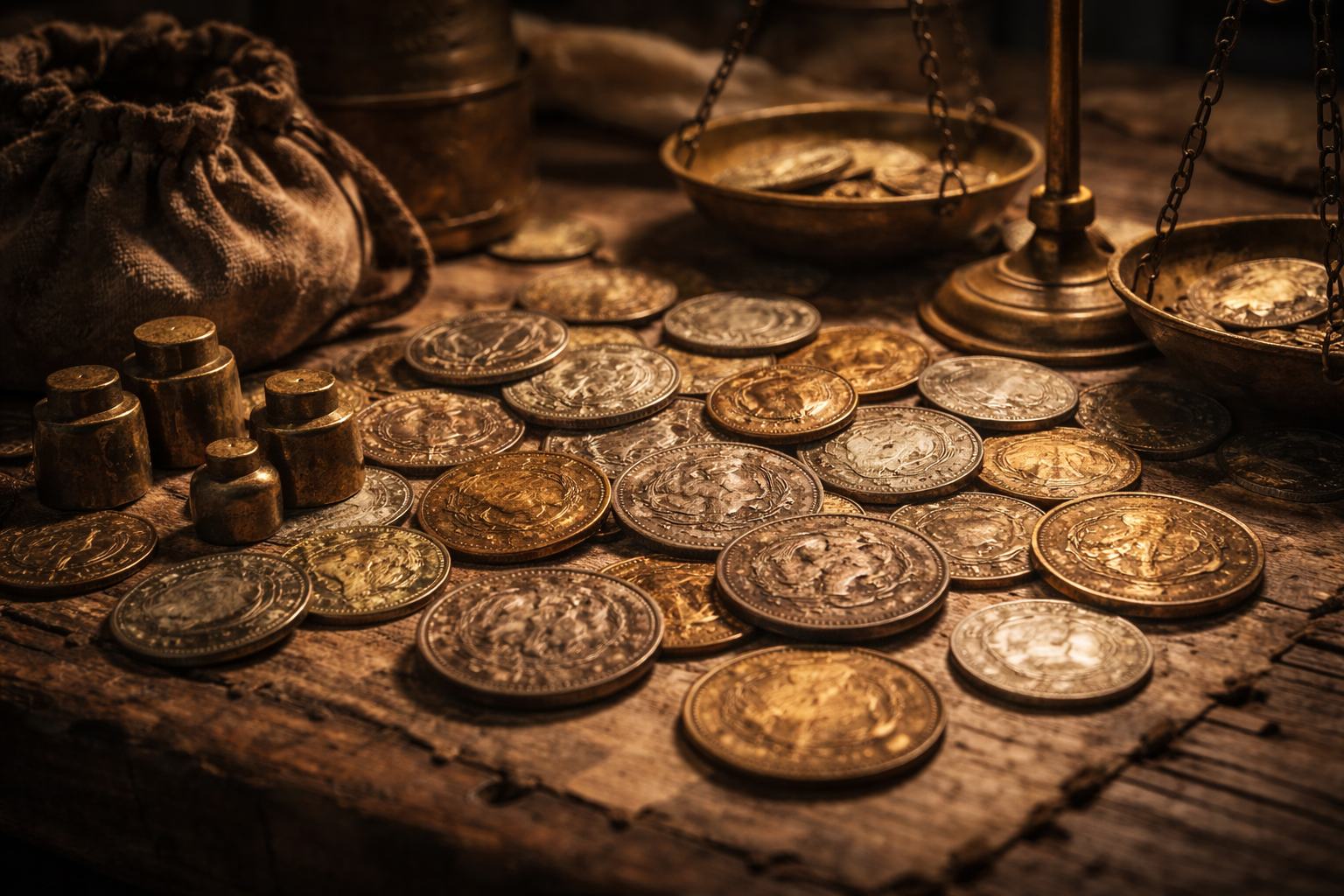 Ancient coins circulating in a market setting representing daily message spread