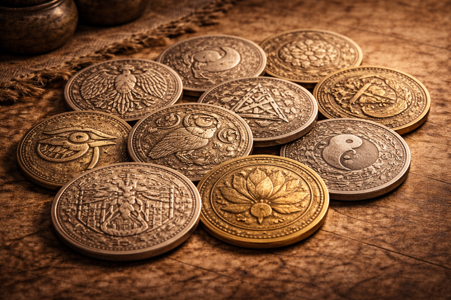 Ancient coins expressing cultural identity through symbols and design