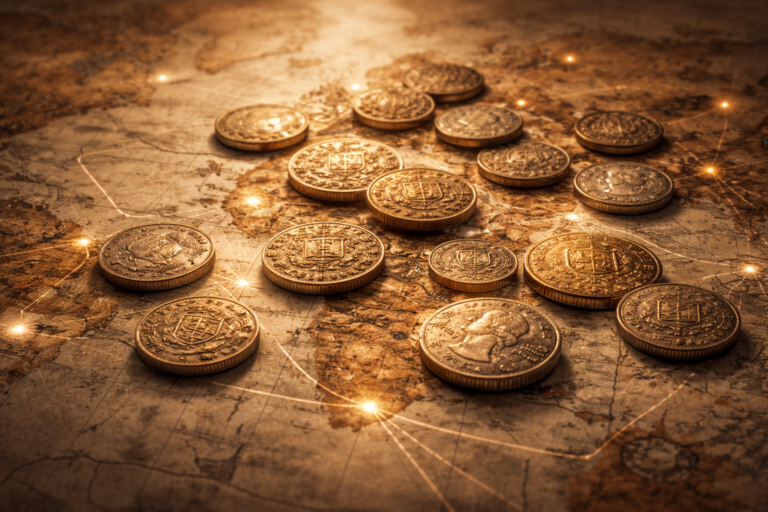 Ancient coins from different cultures showing early economic exchange