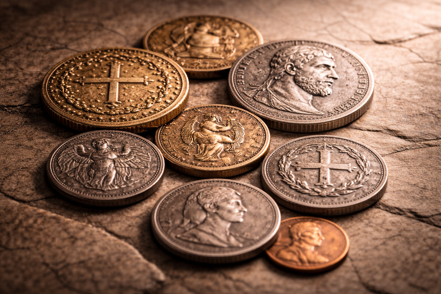 Ancient coins representing belief and authority through symbols