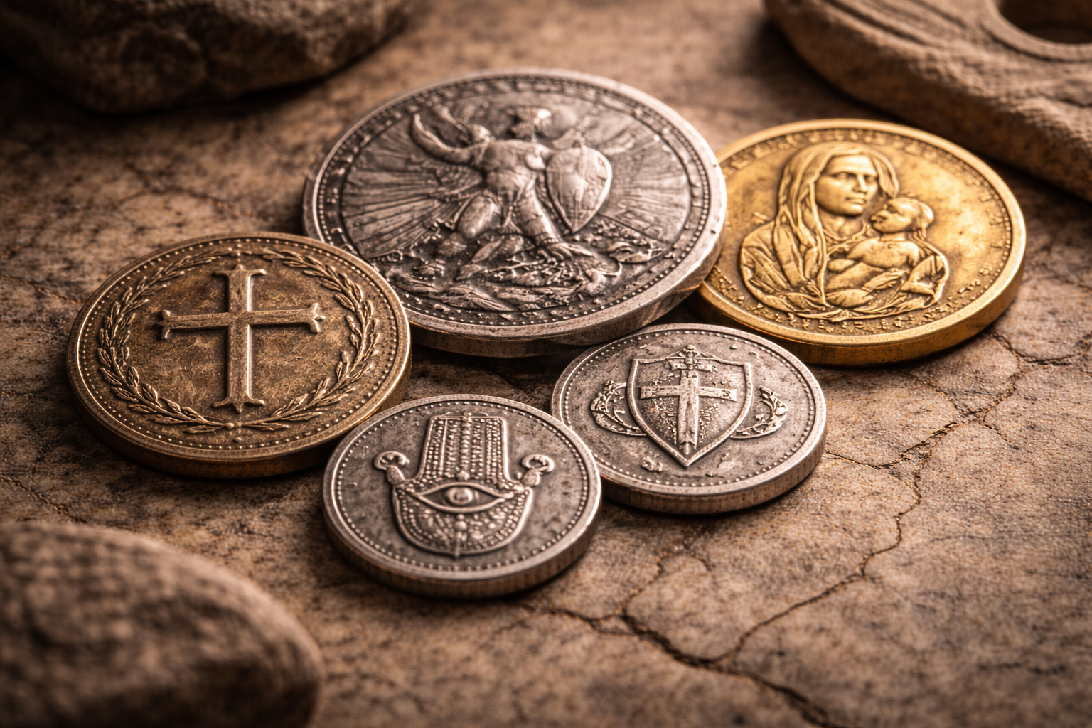 Ancient coins showing belief symbols used in daily life