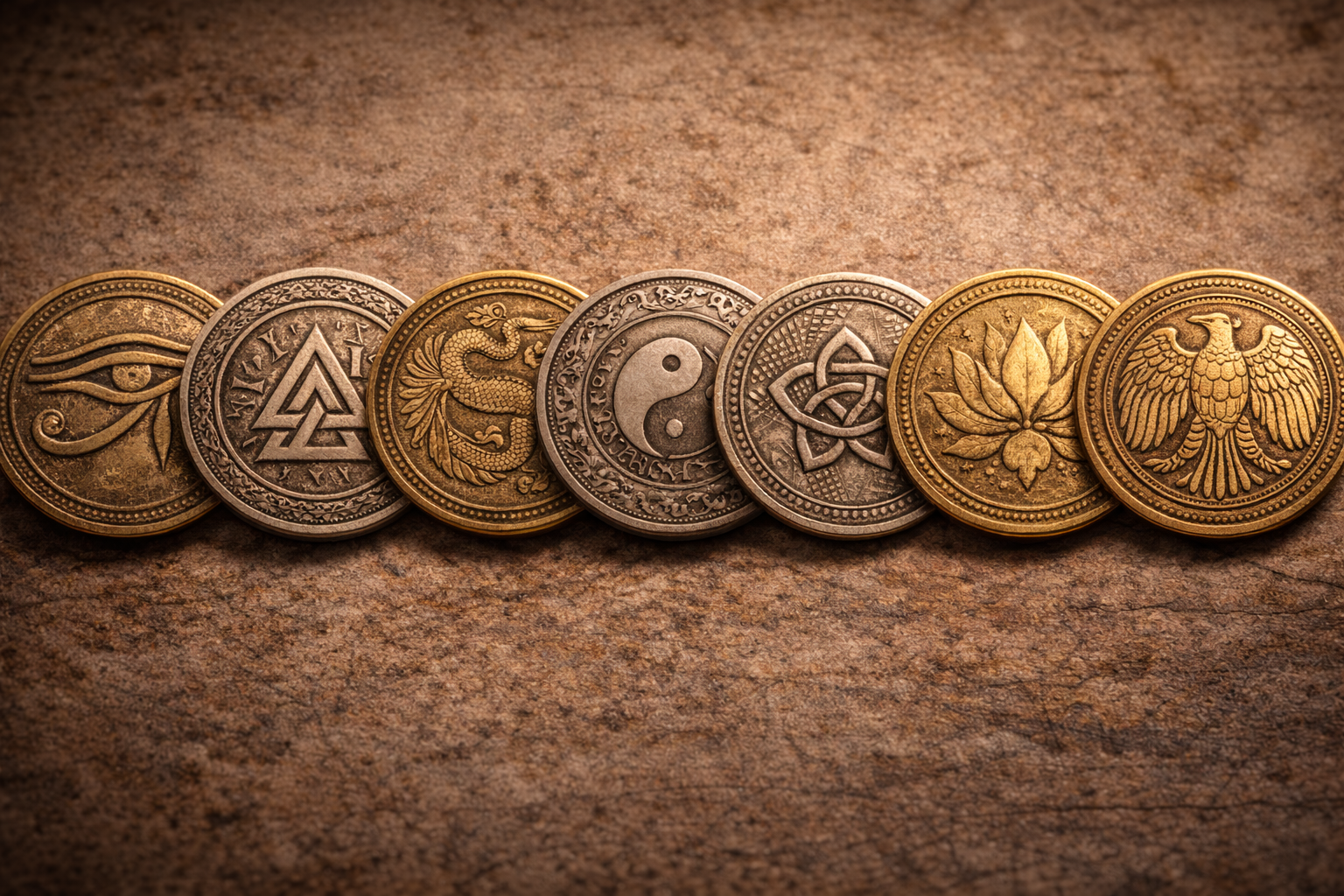 Ancient coins showing different symbols representing cultural identity