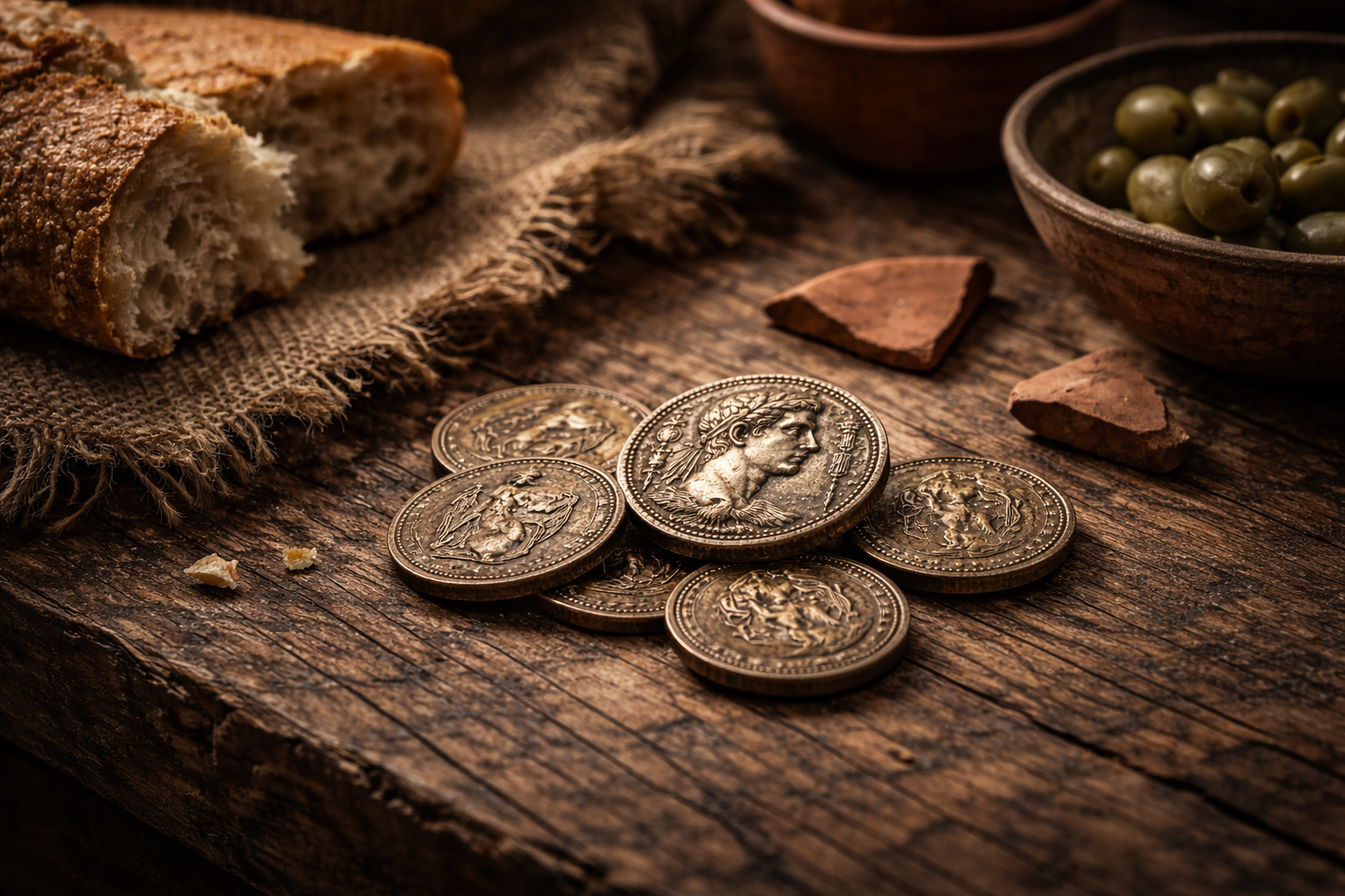 Ancient coins used in everyday market exchanges for basic goods