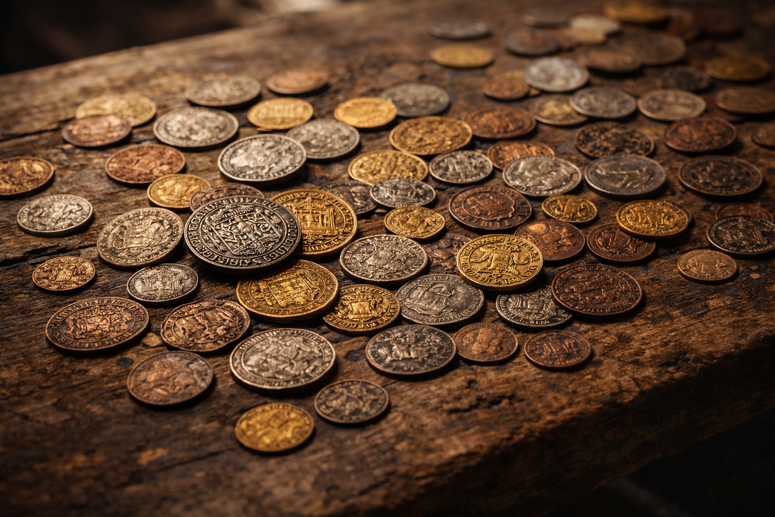 Ancient everyday coins used in daily markets throughout history.