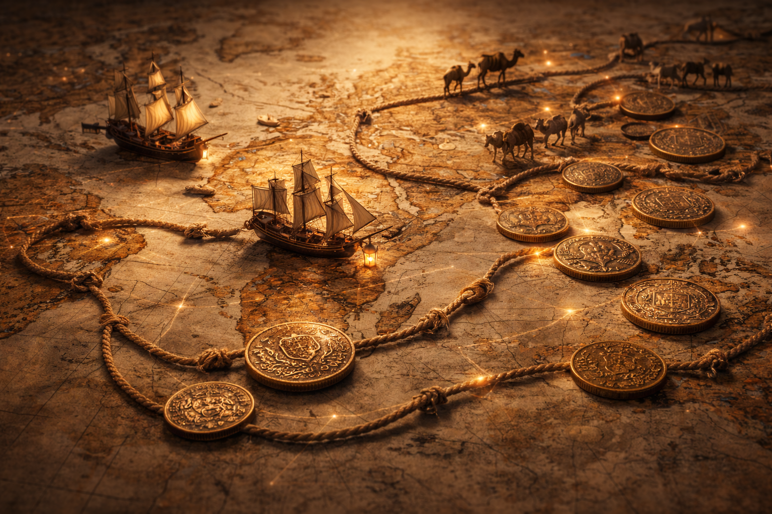 Ancient trade routes illustrated through coins and exchange paths