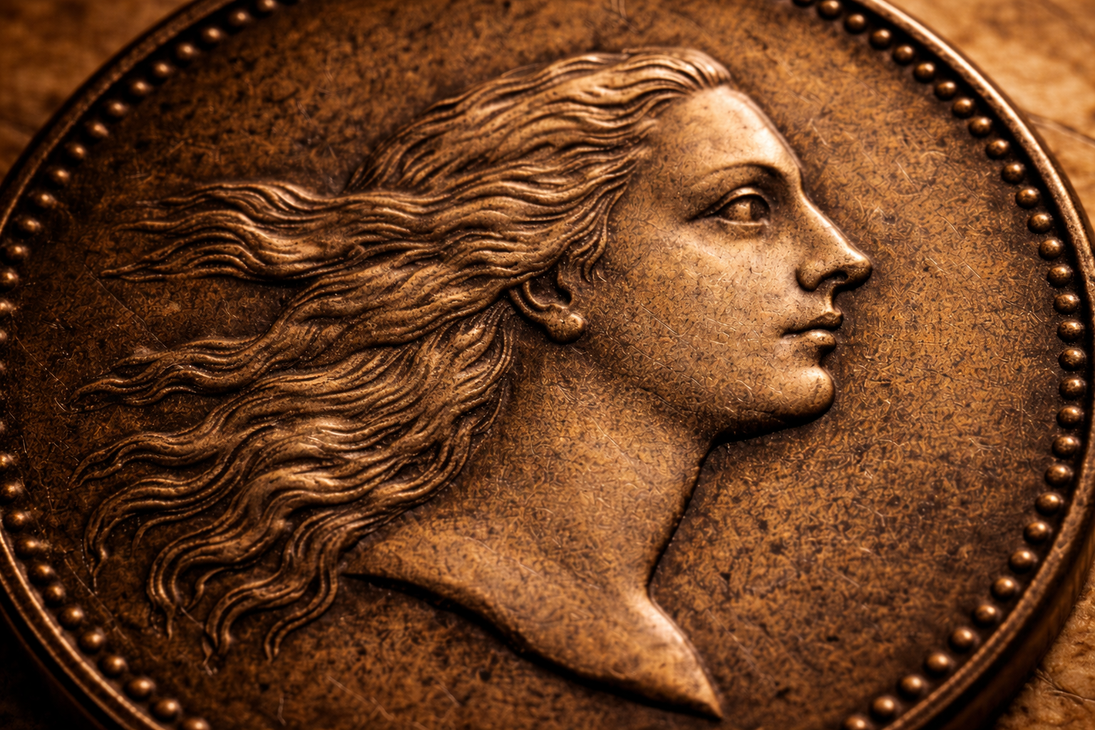 Close view of the Liberty design on the 1793 Large Cent