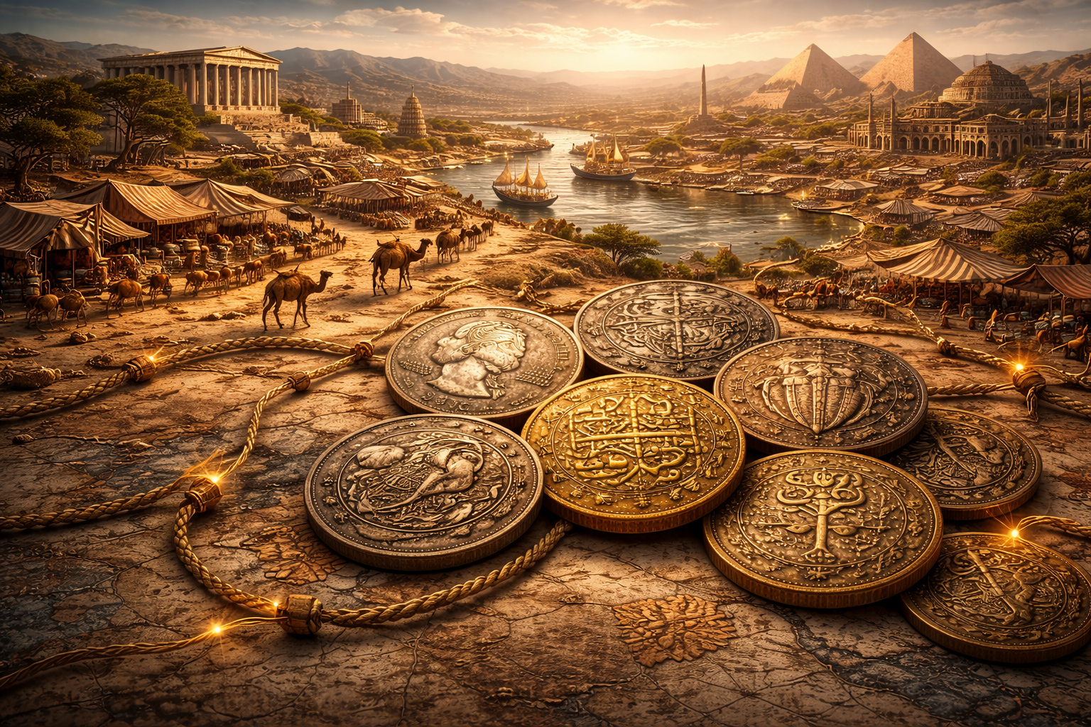 Coins and trade symbols connecting ancient civilizations across landscapes