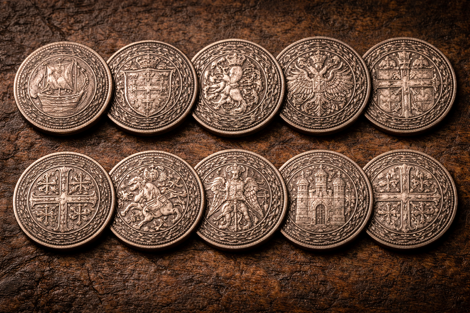 Different coin designs showing symbols of authority and social identity