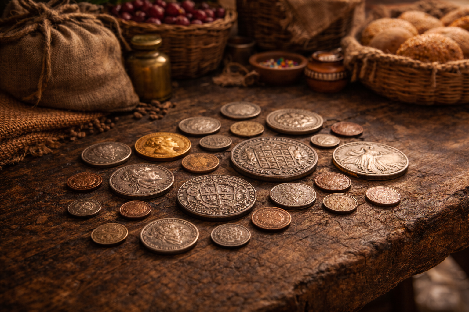 Everyday money reflecting daily routines in historical markets.