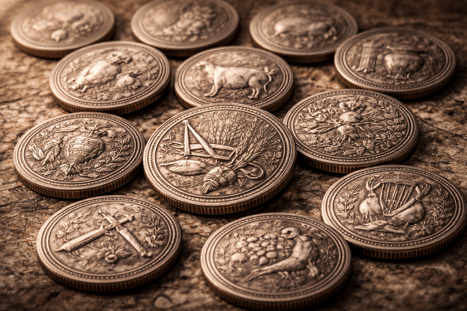 Everyday symbols on ancient coins reflecting daily life and values