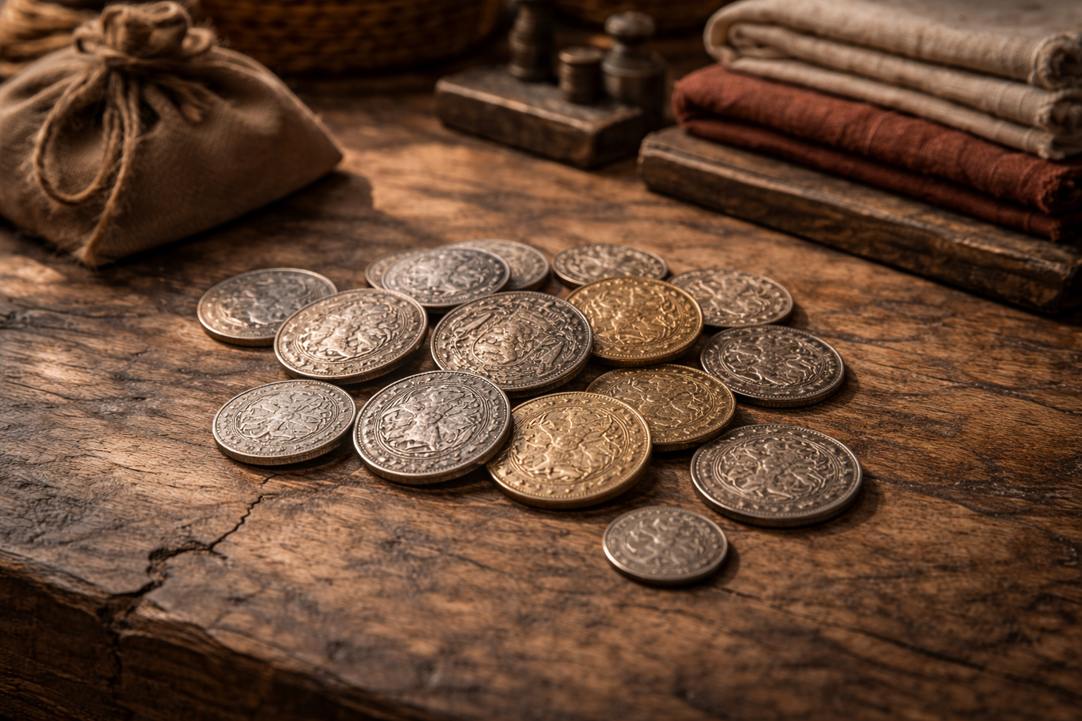 Flemish coins resting on a wooden market table symbolizing trust in money before modern banking