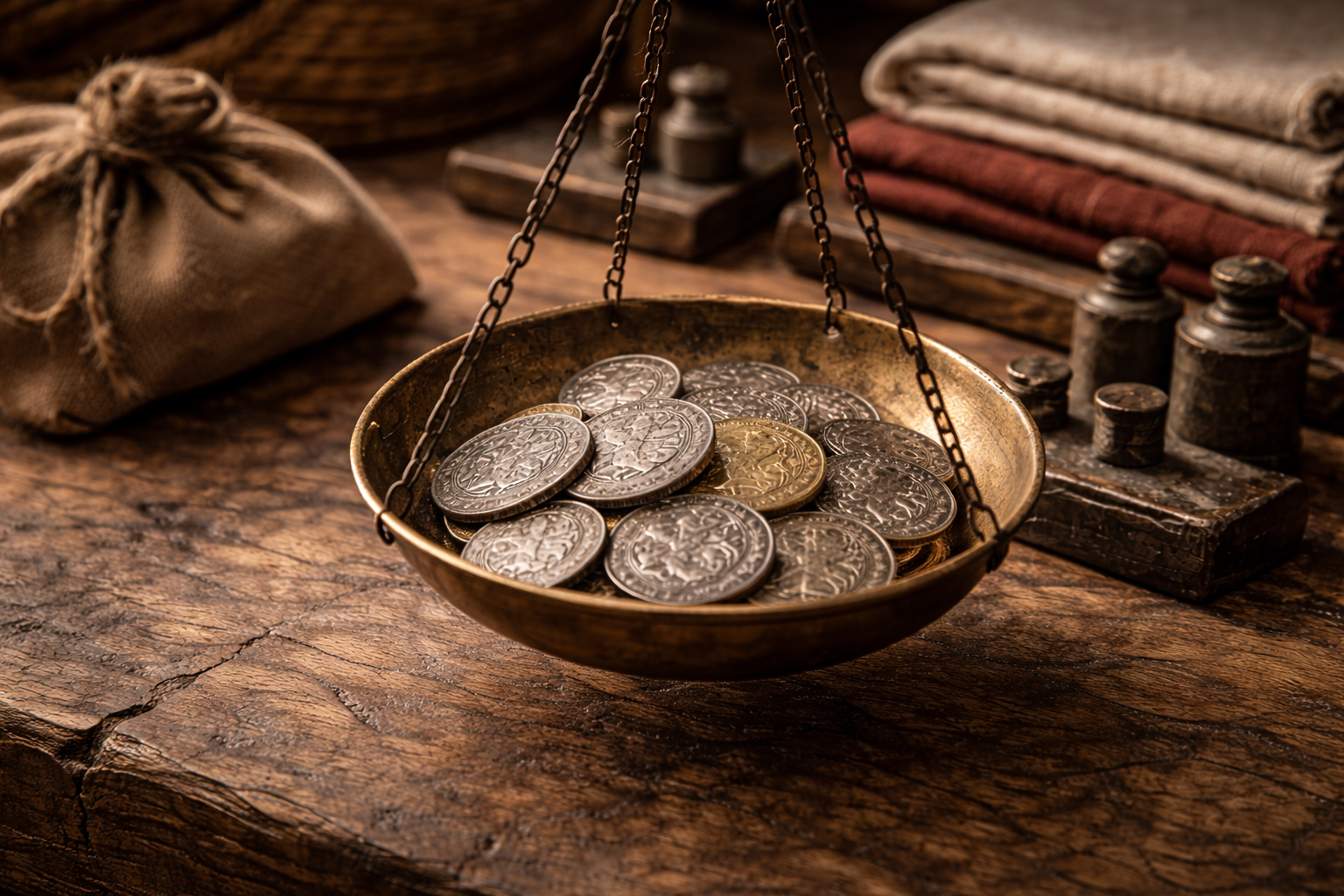 Flemish coins weighed on simple balance scales to verify trust in everyday medieval transactions