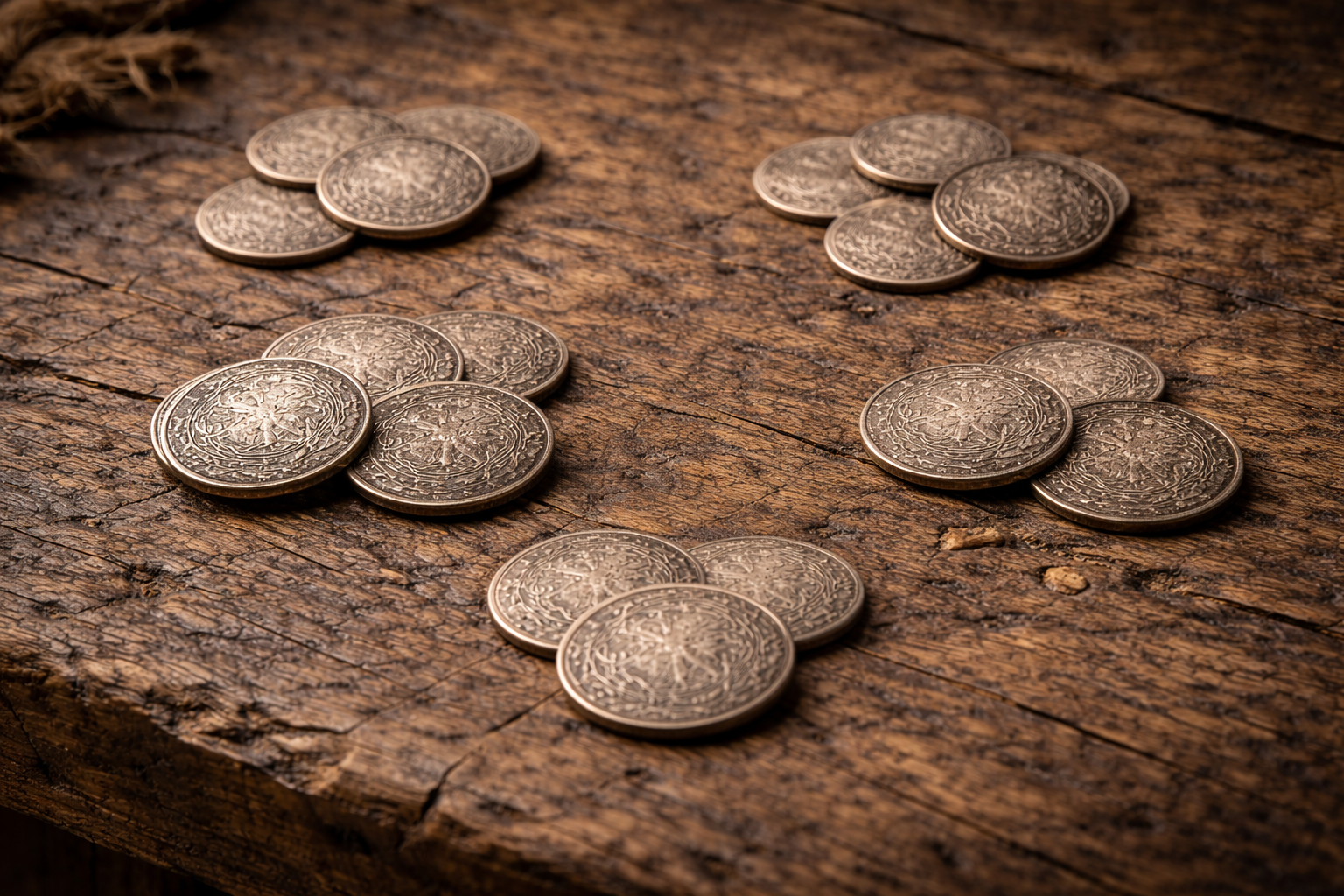 Groups of medieval coins arranged for negotiation in everyday market trade