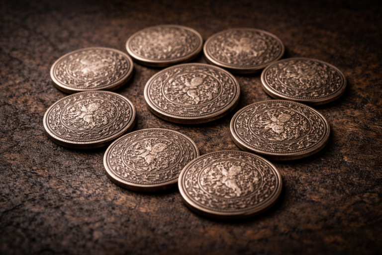 Historical coins arranged to symbolize power and belonging