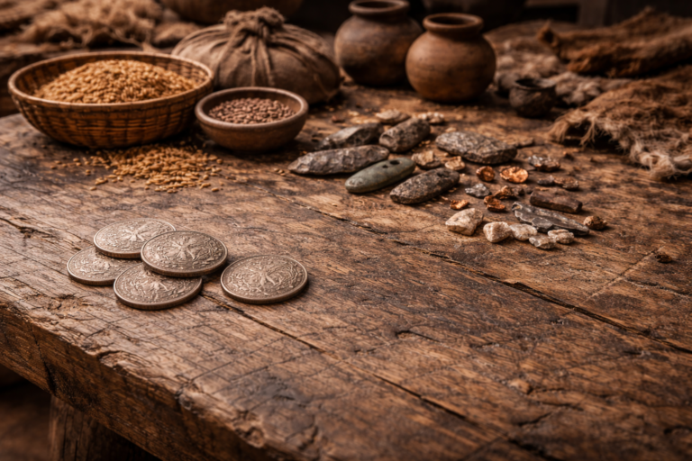 Medieval Flemish market table with coins illustrating everyday market behavior