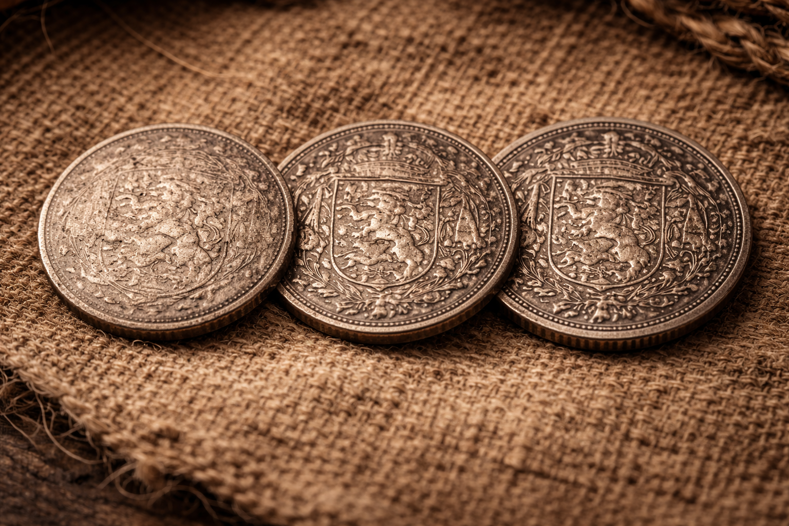 Medieval coins placed side by side to compare wear and thickness as a practical way to judge value