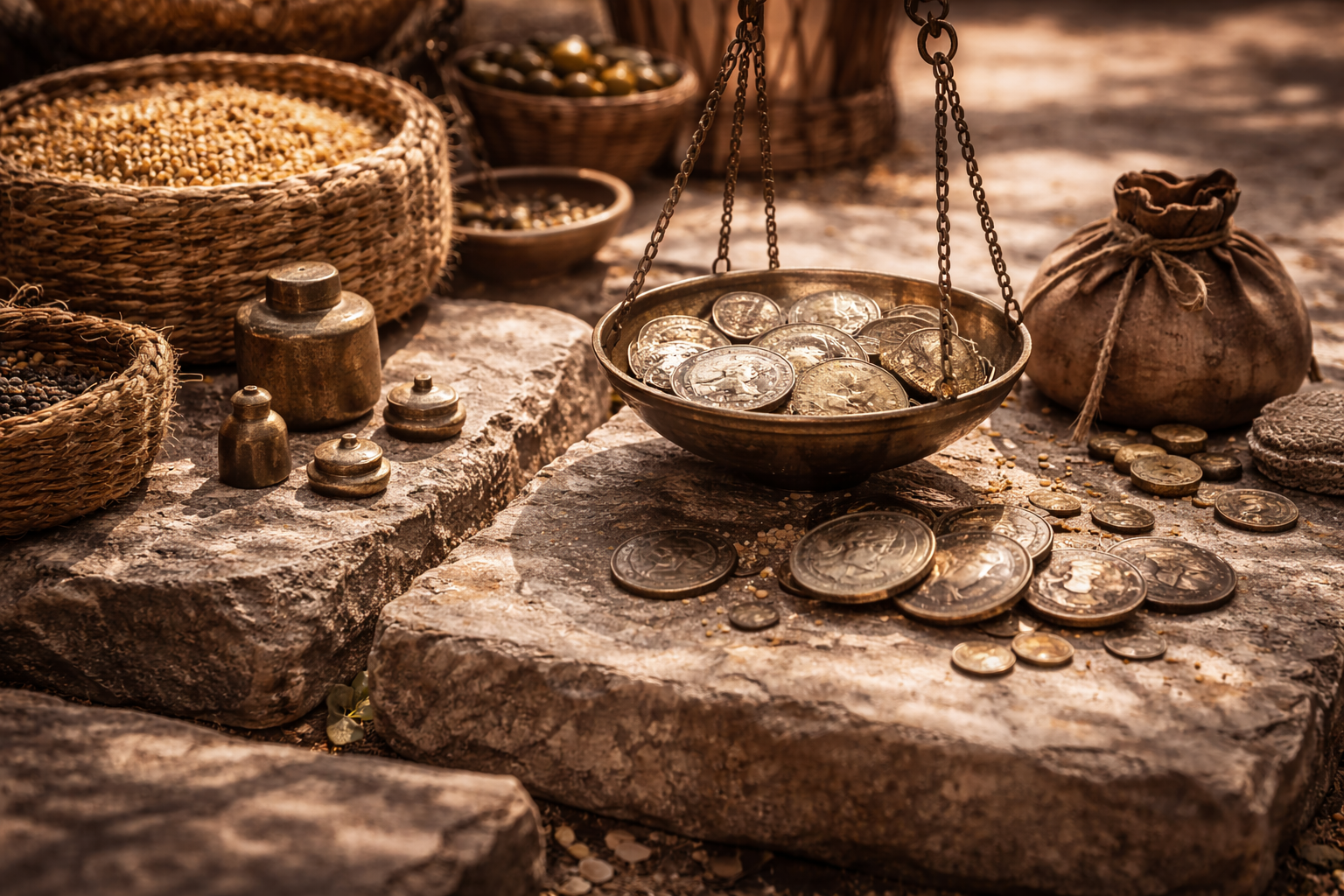 Objects from an ancient marketplace highlighting how everyday money flowed in commerce