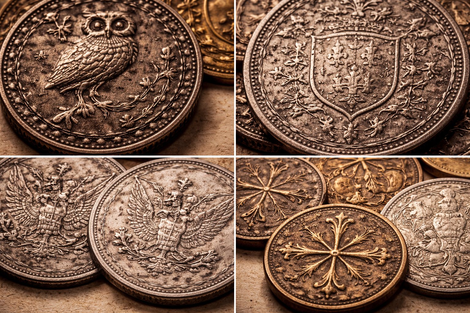 Repeated symbols on coins showing consistency and recognition