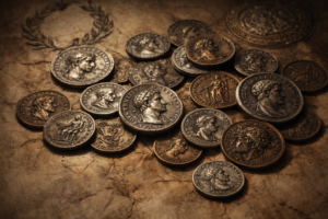Roman coins displayed on aged parchment representing imperial communication and authority