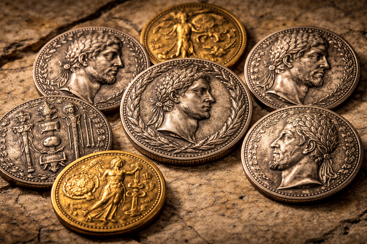 Roman coins displaying emperors and symbols of authority