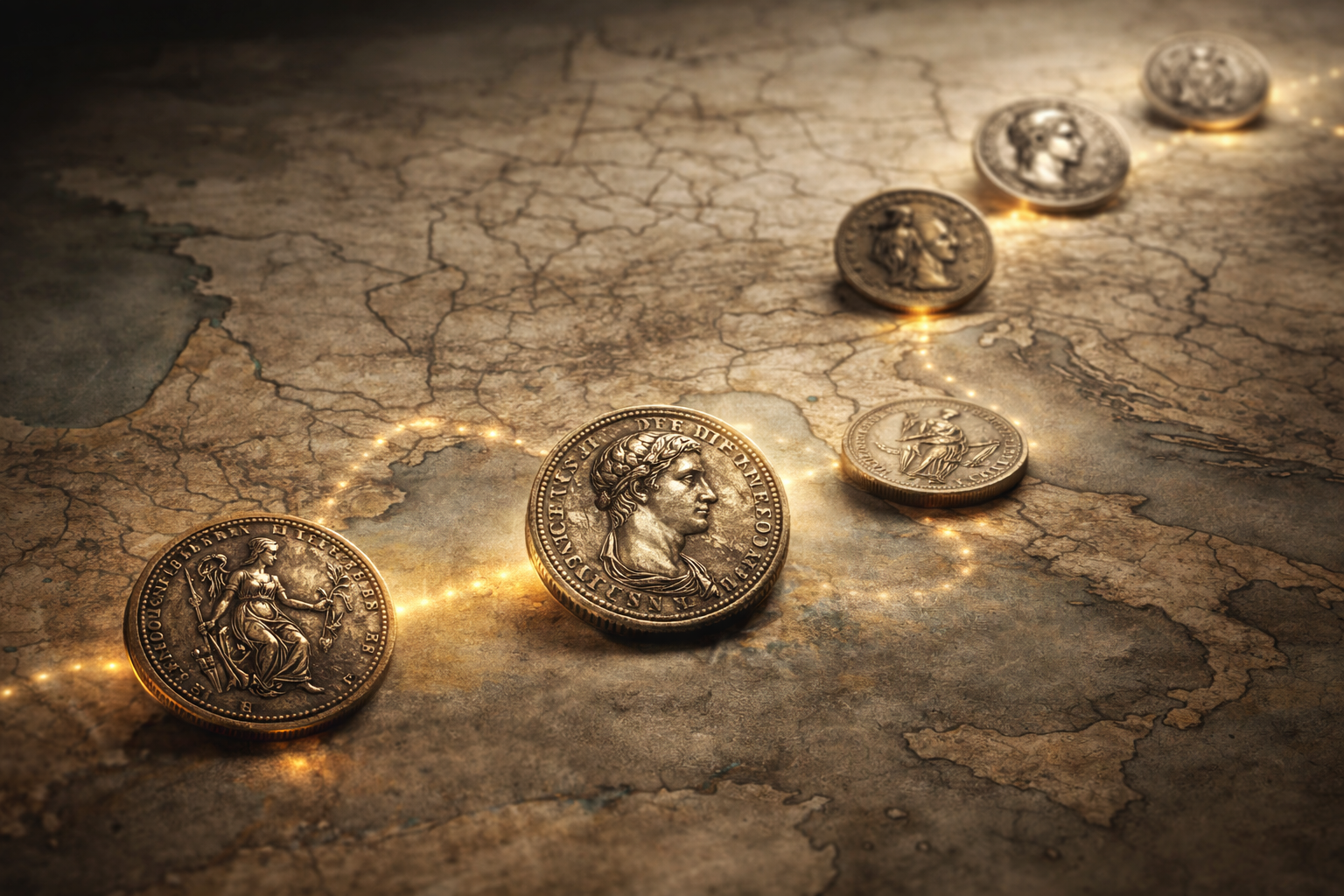 Roman coins moving across ancient trade routes as tools of imperial influence