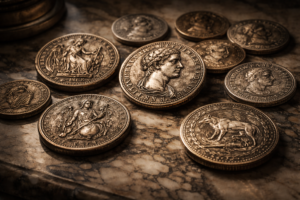 Roman coins with political symbolism and imperial portraits
