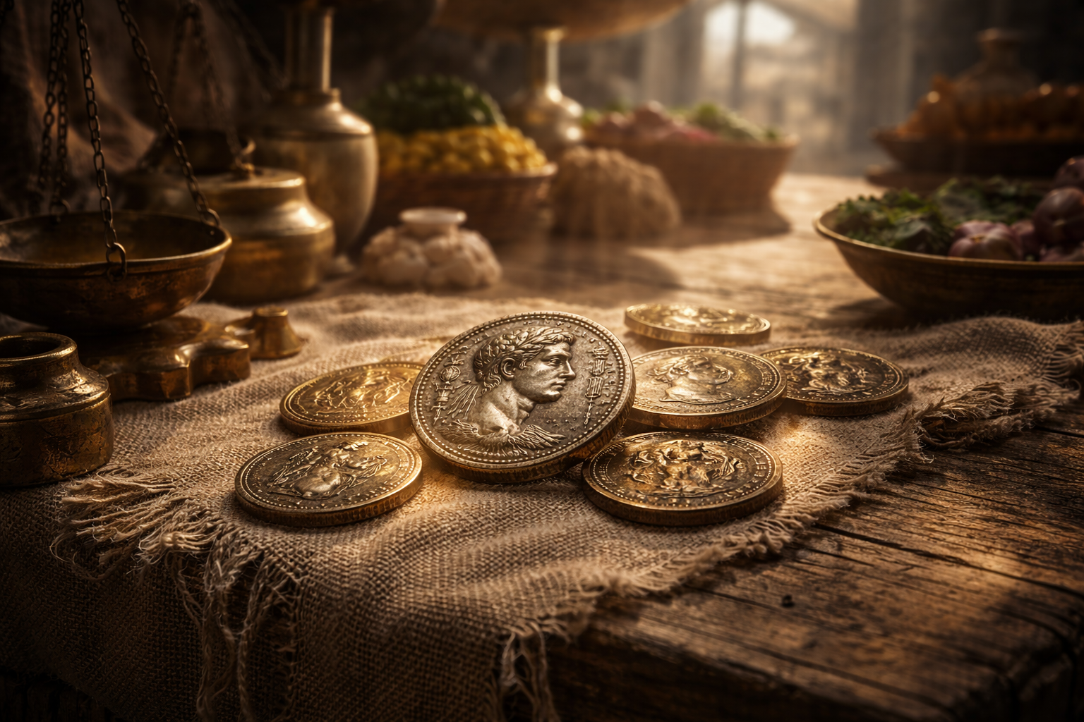 Roman marketplace hinted with coins as political messaging tools