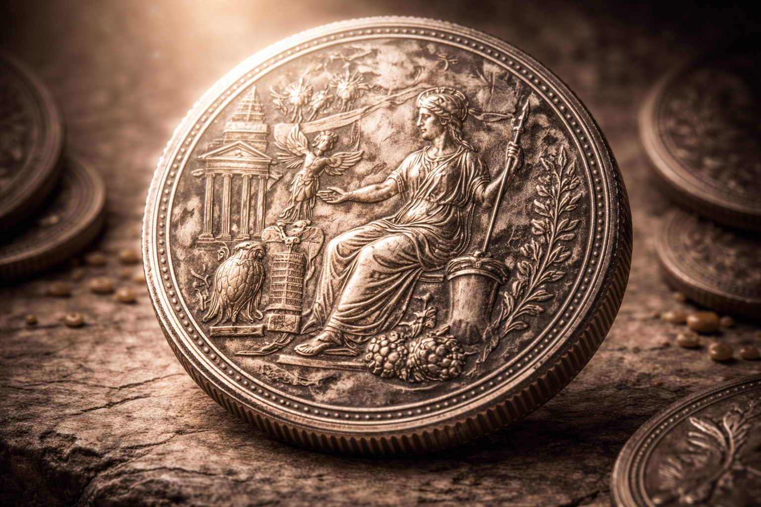 Ruler portrait and authority symbols on ancient coin imagery