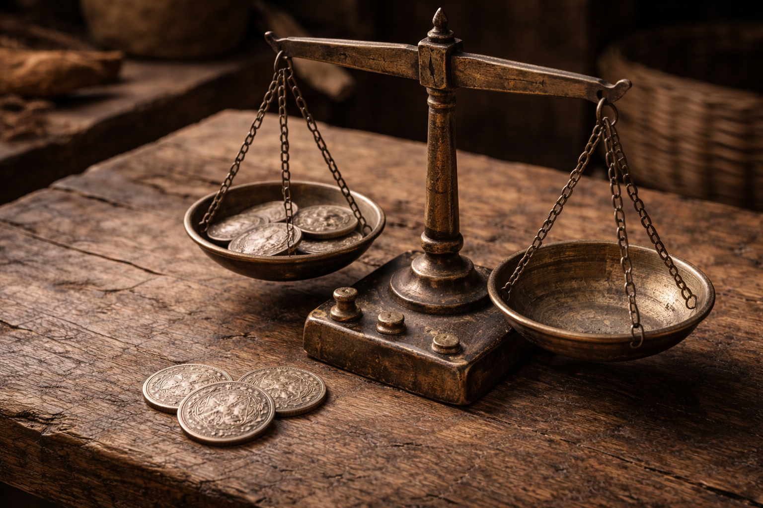 Simple balance scales and medieval coins showing practical verification habits in everyday trade