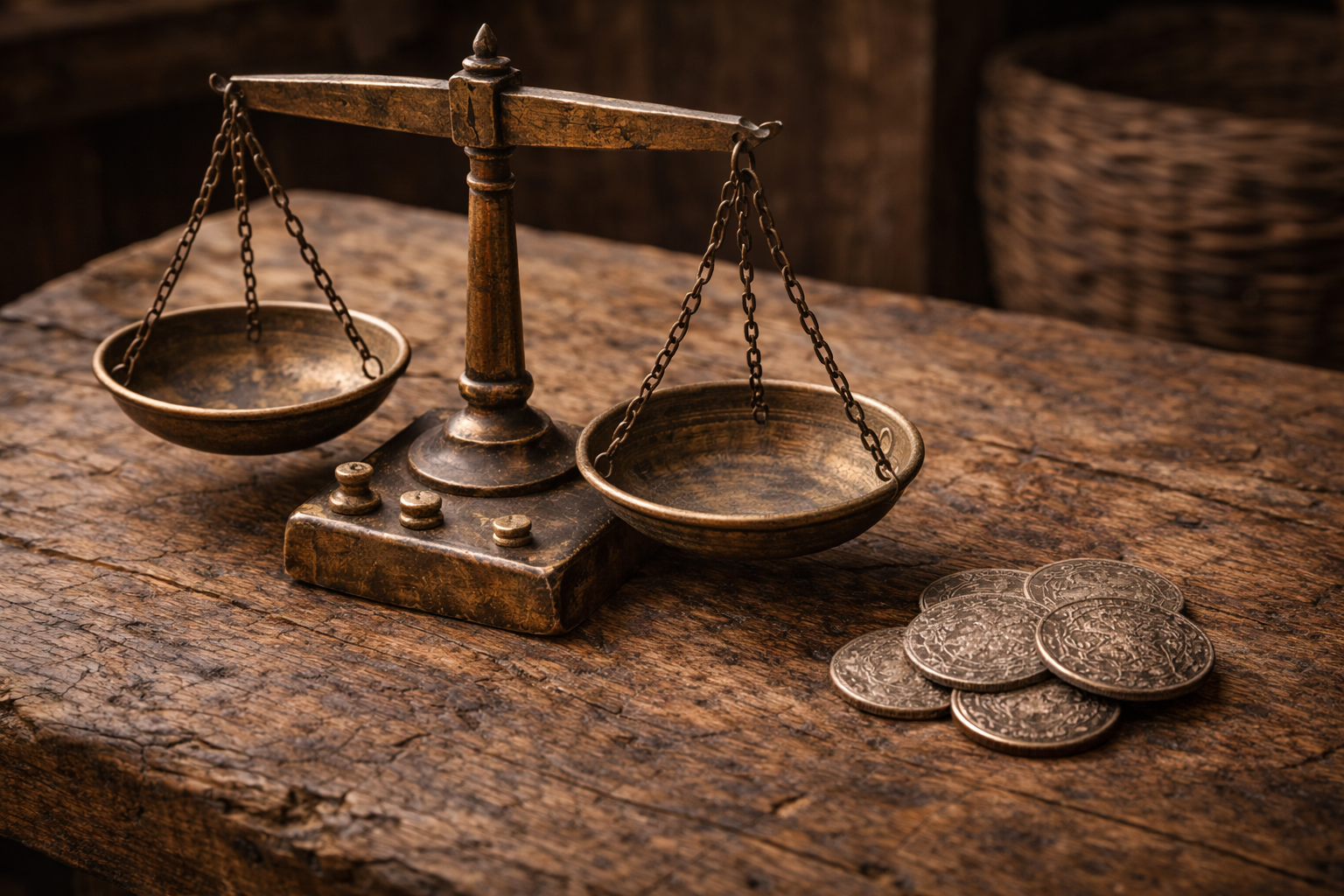 Simple merchant scales and medieval coins representing routine and fairness in trade