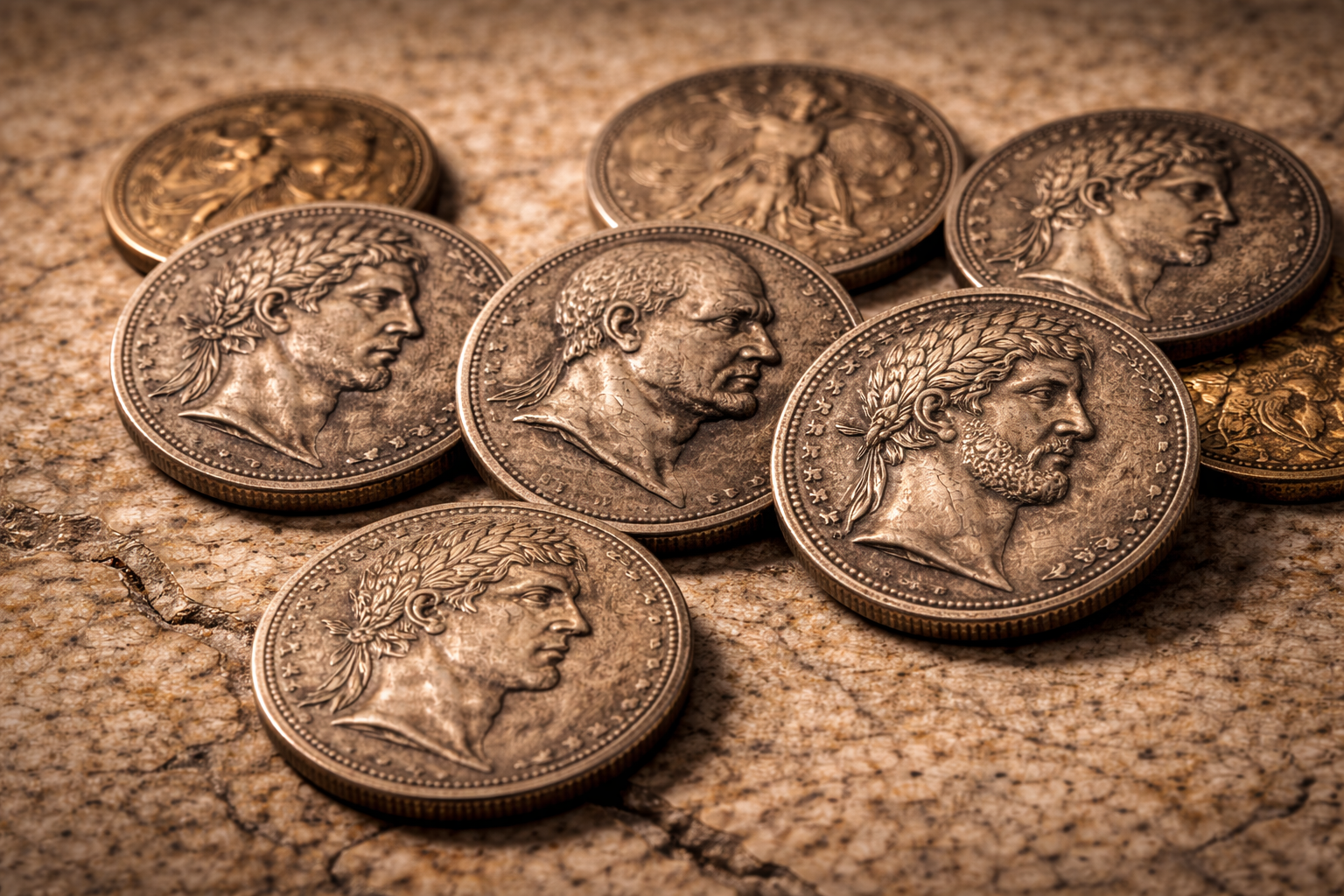 Worn Roman coins with emperor portraits still visible