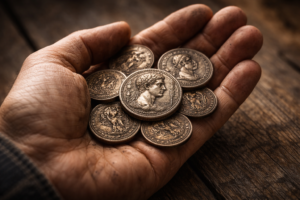 Worn ancient coins representing everyday money used by ordinary people