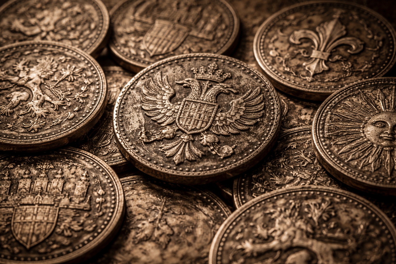 Worn coin among similar coins representing shared recognition of authority