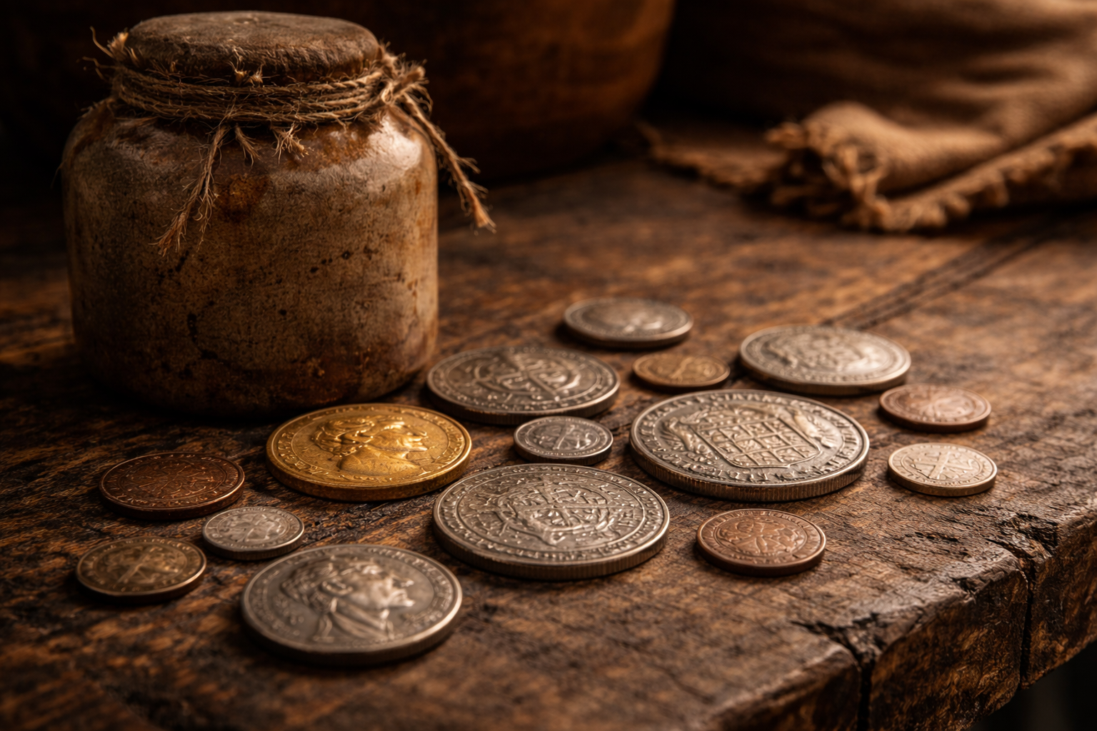 Worn common coins reflecting household life across generations.