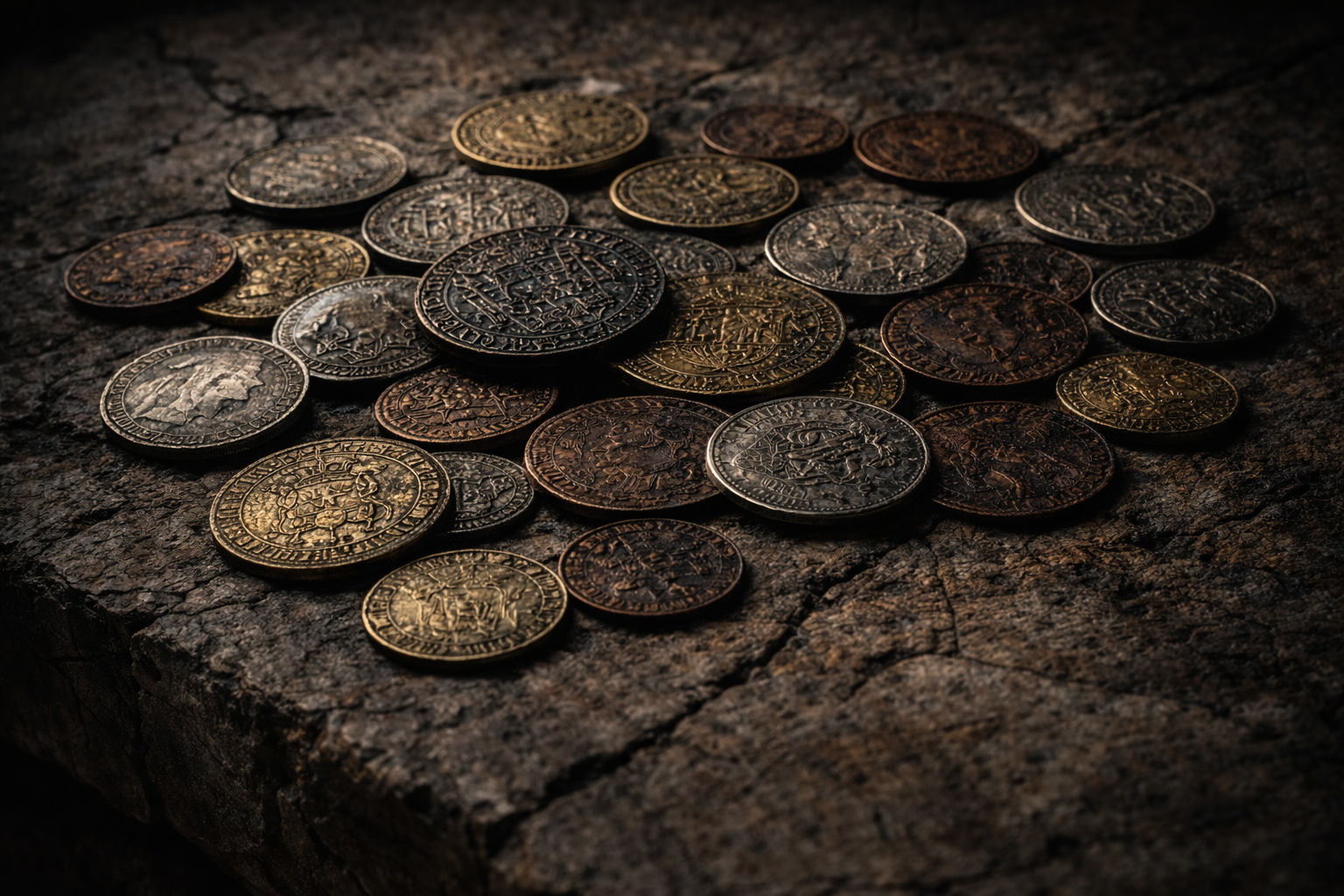 Worn daily coins reflecting everyday life in past societies.