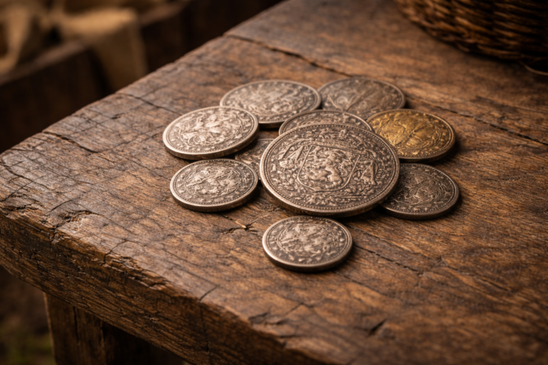 Worn medieval Flemish coins on a wooden market counter symbolizing how value was learned through daily exchange