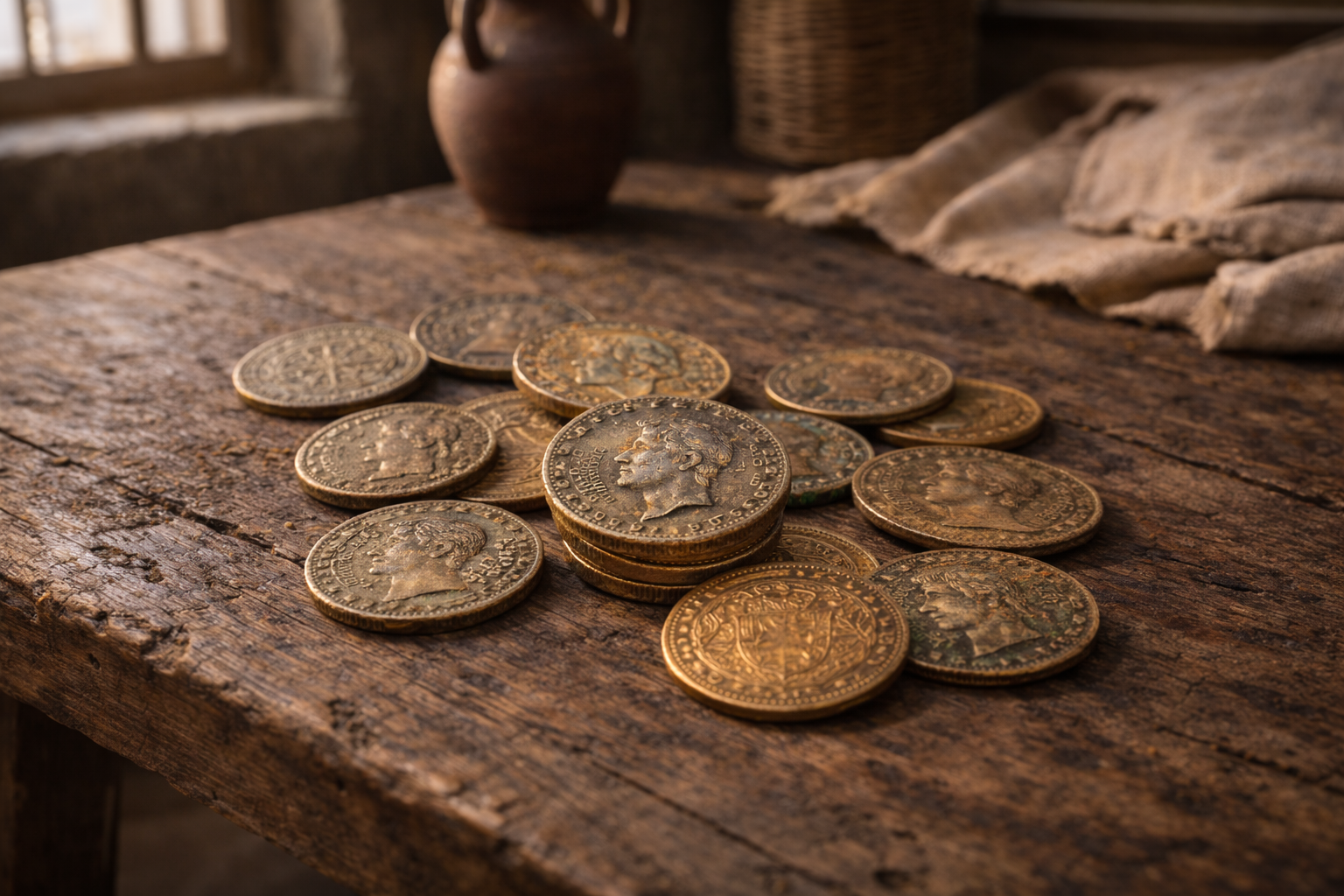 Ancient Roman coins showing wear from daily use in everyday life