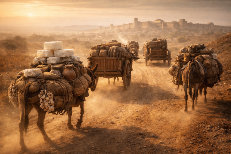 Ancient merchants traveling long distances with trade goods