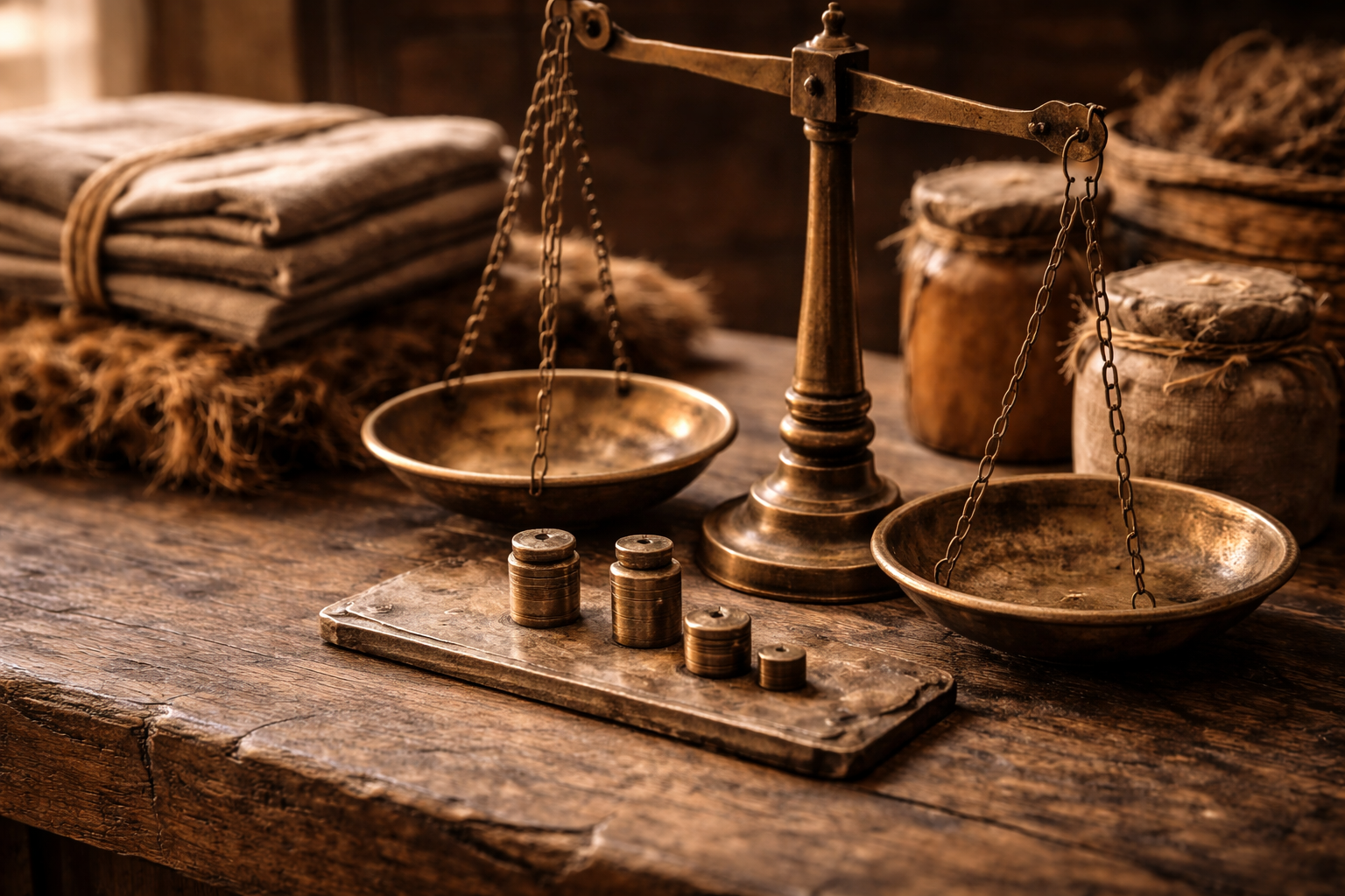 Balance scales and weights creating fair exchange in ancient markets