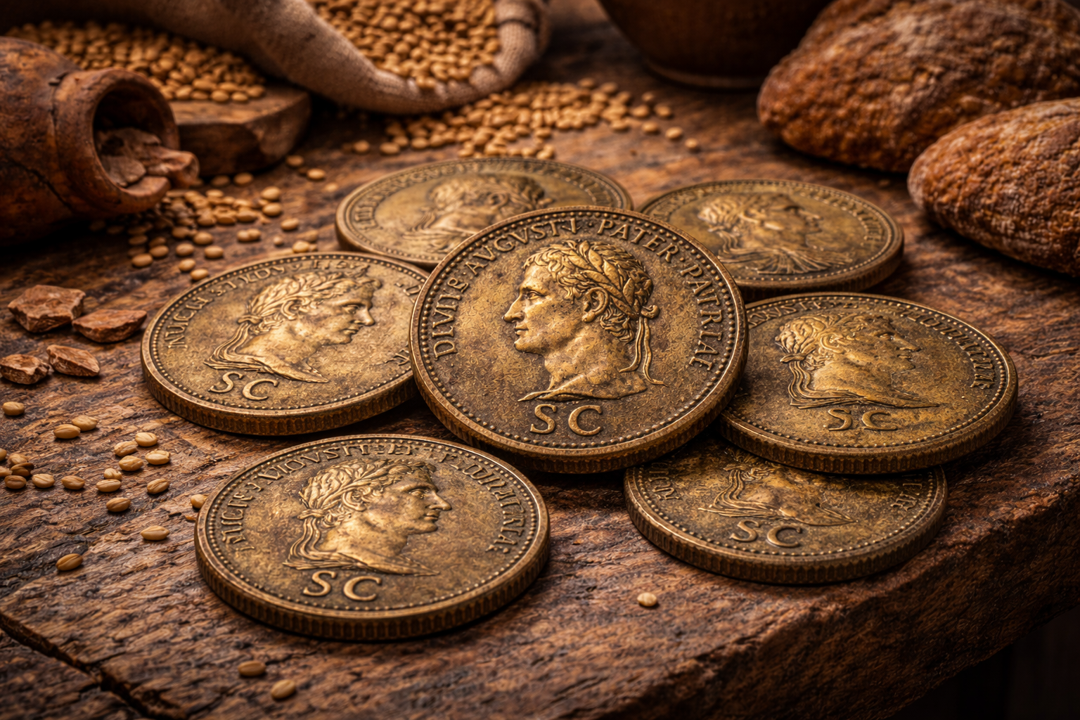 Bronze sestertius coins used in everyday Roman transactions