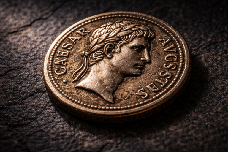 Hidden messages inside Roman coin designs shown through engravings and symbols.