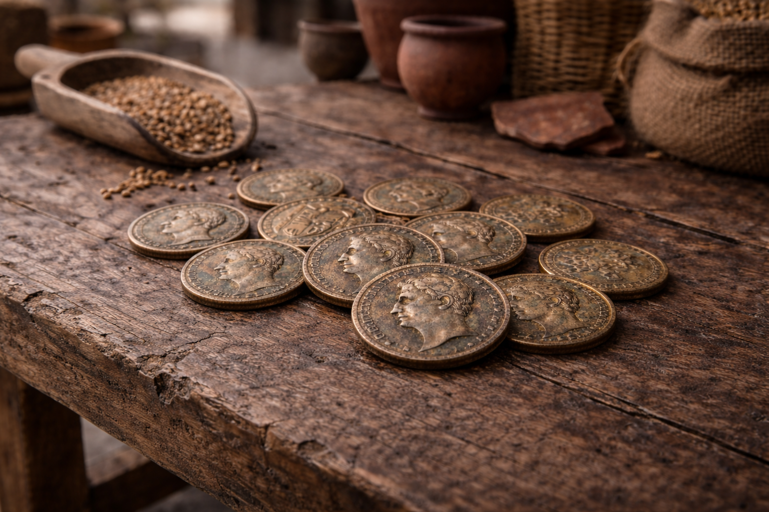 Roman bronze coins used for everyday payments in market life