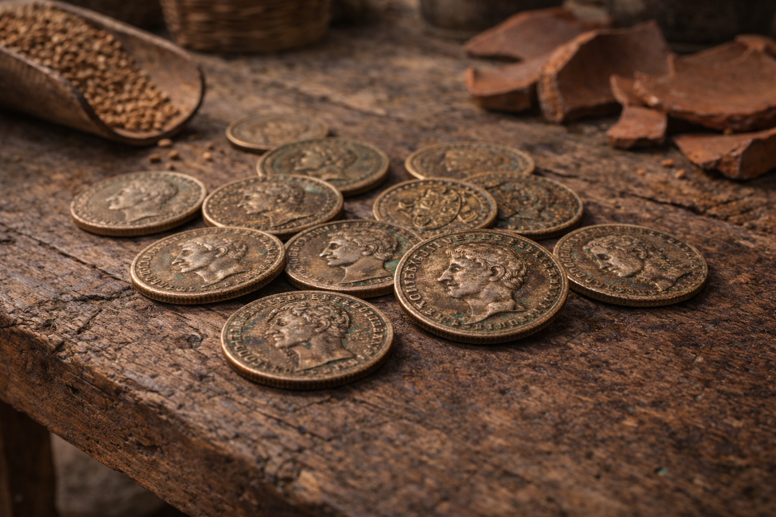 Roman bronze coins used in everyday market transactions