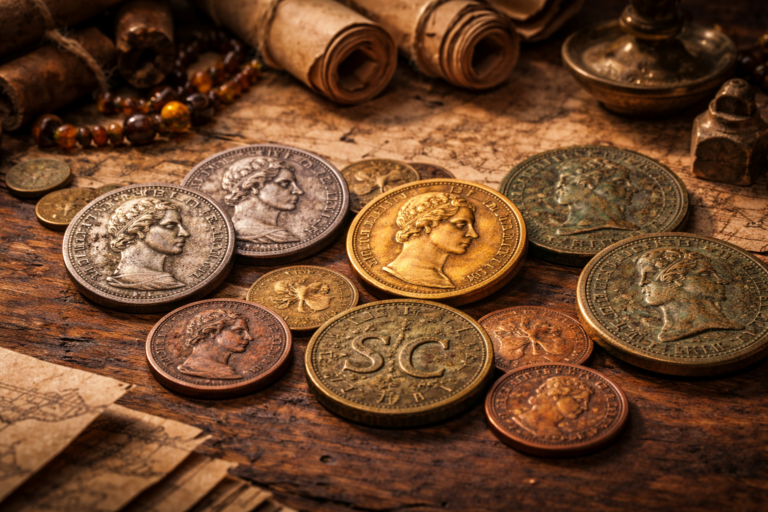Roman coins including denarius aureus sestertius and as displayed on an ancient wooden table with trade items