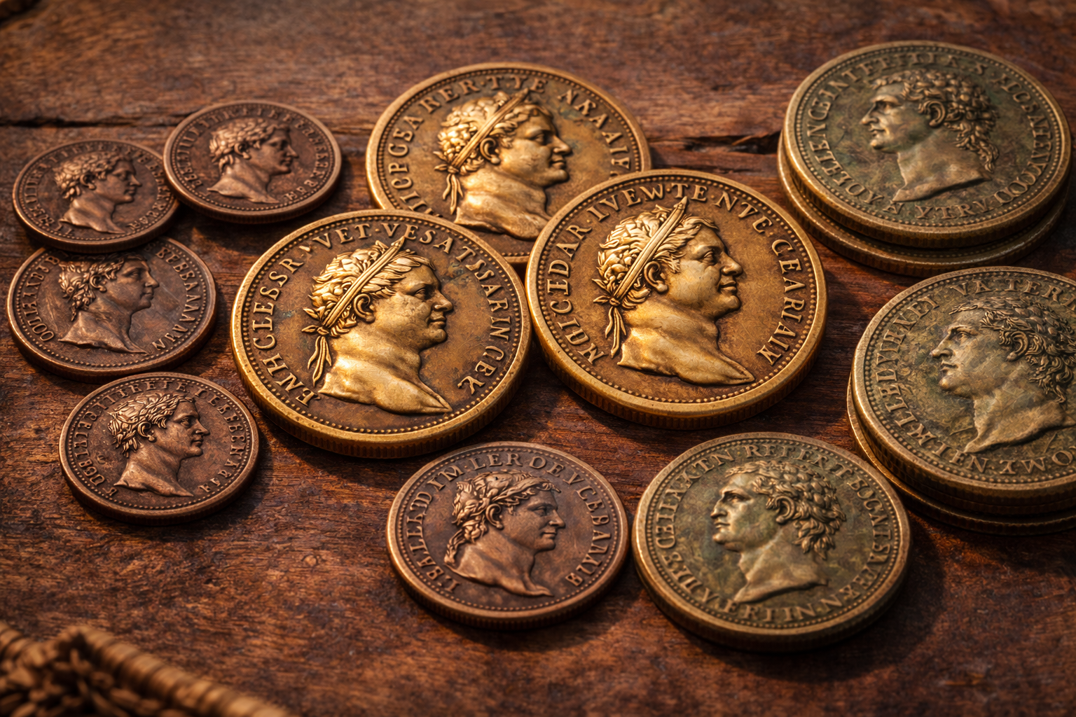 Roman dupondius coins shown with other bronze denominations in everyday use