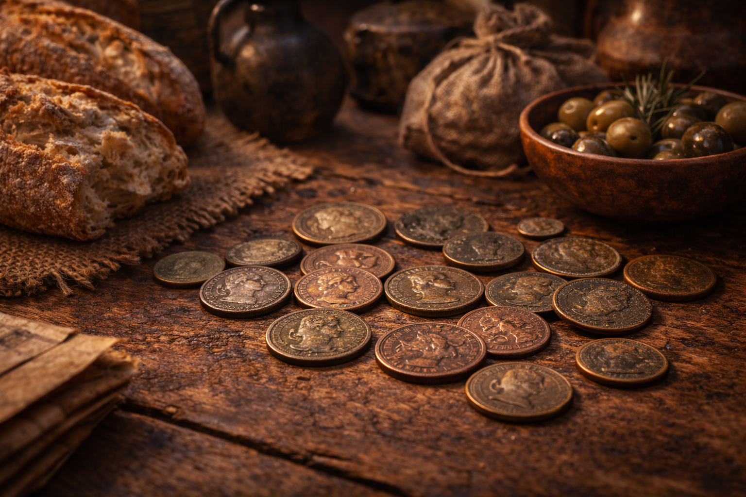 Small Roman bronze coins used for daily purchases in a marketplace setting