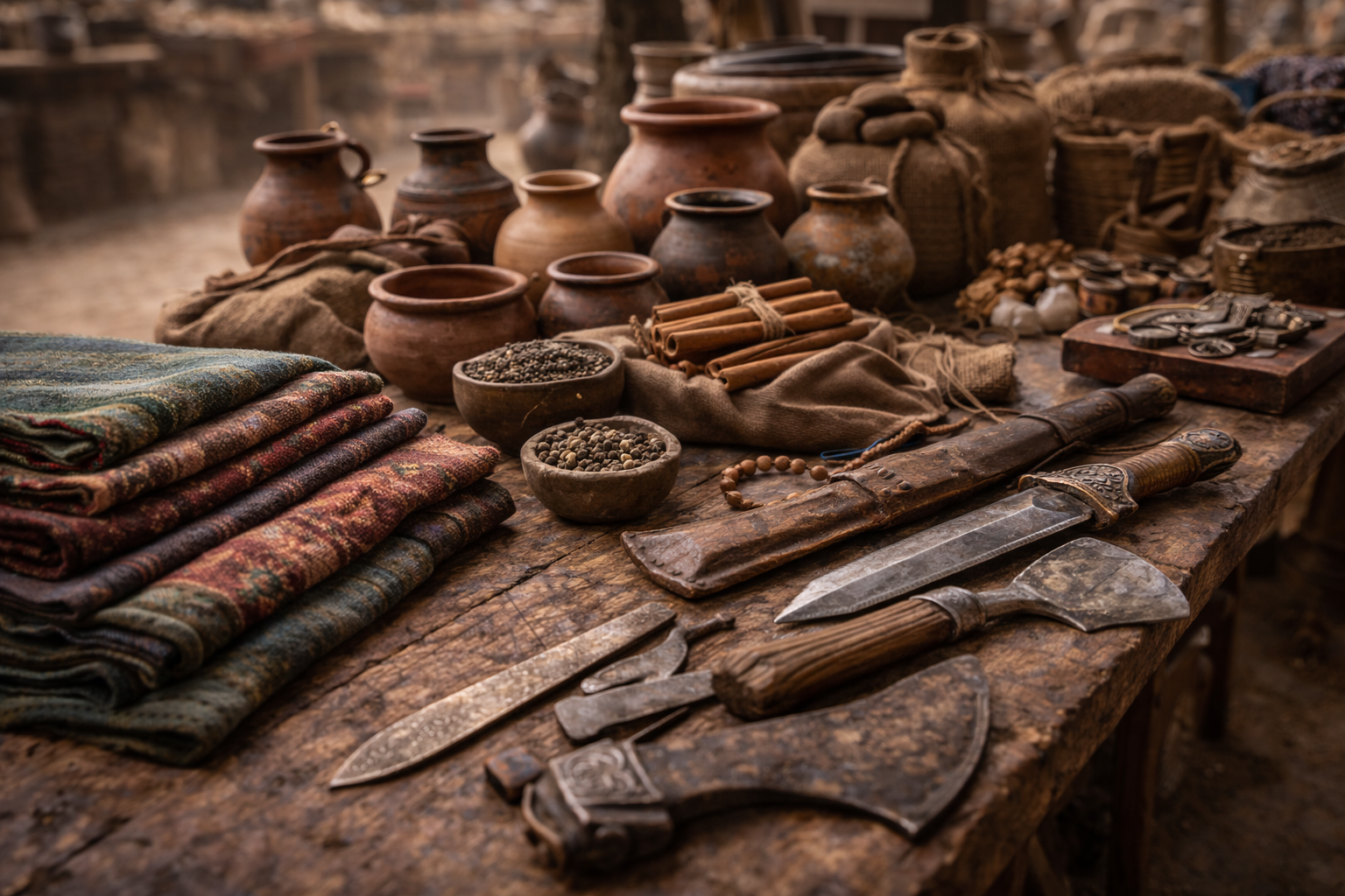 Trade goods from different ancient civilizations in a market setting